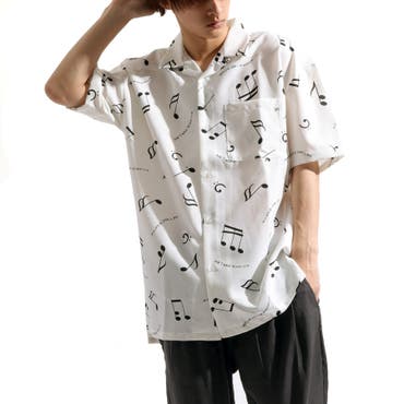 【Valletta】音符総柄オープンカラービッグシャツ[921s9711]総柄 開襟 開襟シャツ オープンカラーシャツ シンプル ビッグシャツ