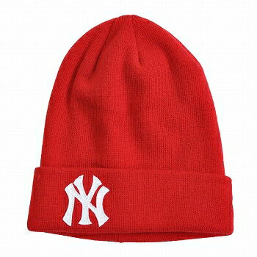 ニューエラ ニット帽 NEW ERA Basic Cuff Knit Team Logo ニューヨーク・ヤンキース スカーレット ×ホワイト
