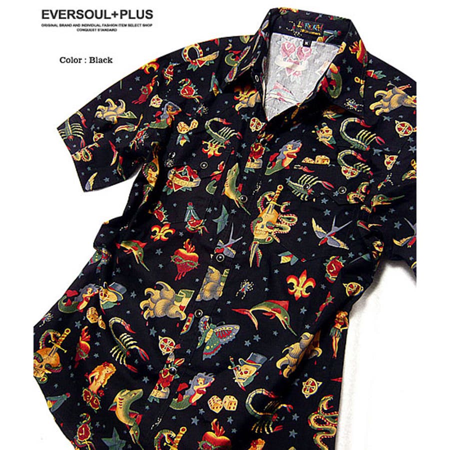 ウエスタンシャツ スカル 半袖シャツ メンズ ロック シャツ ブラック 柄シャツ ガラシャツ /古着の様なビンテージ感溢れる総柄プリントの