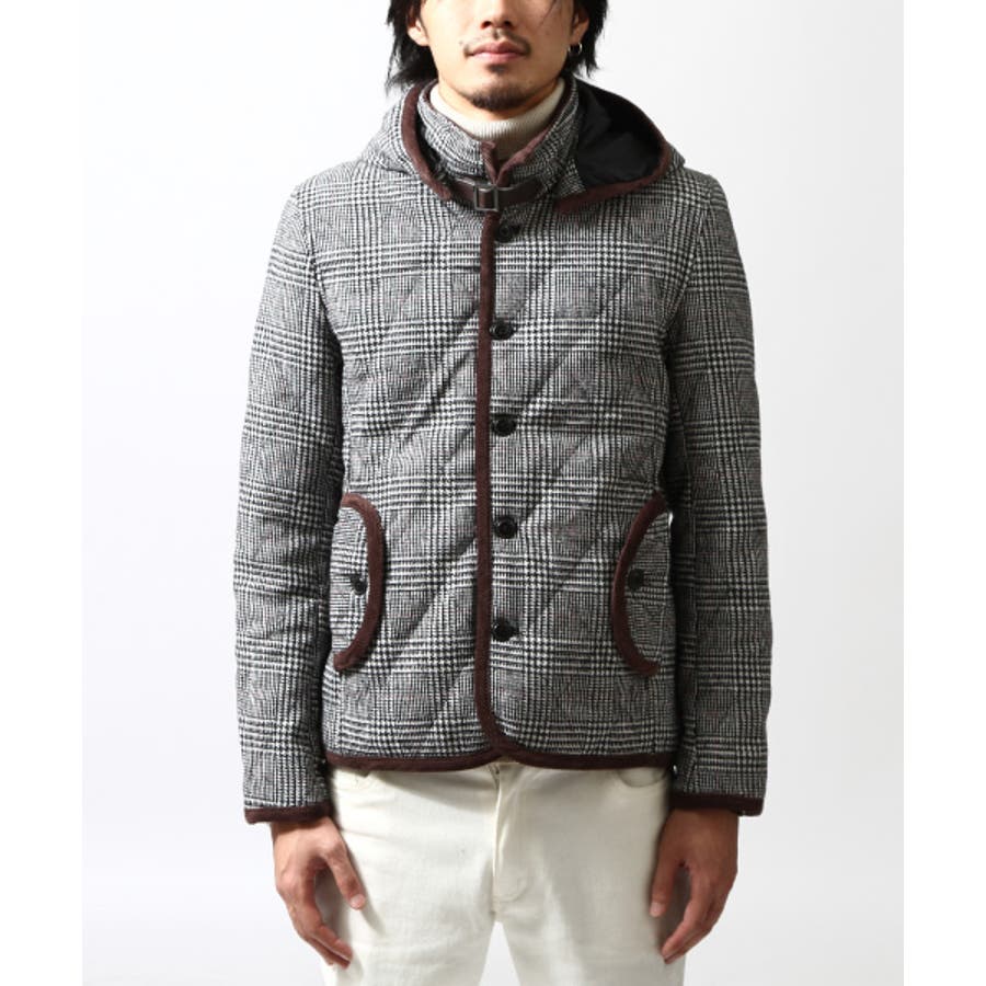 キルティングジャケット メンズ/メンズファッション/ ウール 中綿 キルティングコート フードジャケット タイト メルトン チェックブラック