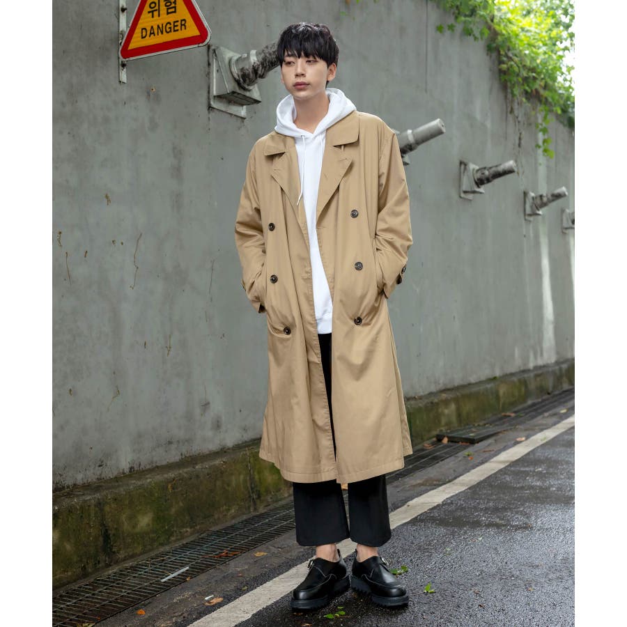 韓国 ファッション メンズ 定番 コート T C ツイル ビッグ トレンチ