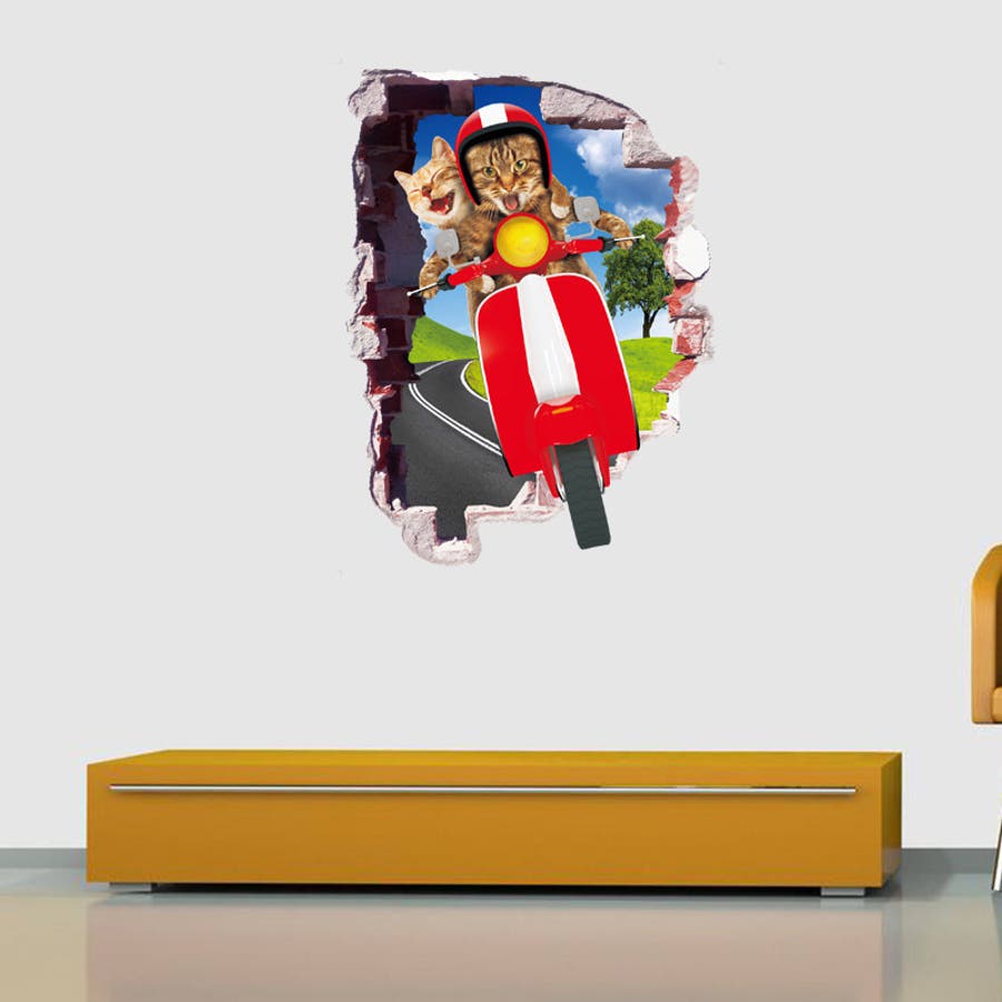 ウォールステッカー トリックアート 3d だまし絵 壁紙シール シールタイプ ネコ 猫 バイク 壁シール 可愛い かわいいユニーク面白い おもしろい 飾り付け ルームデコレーション ウォールデコレーション 貼り付け簡単 Diy 壁面装飾 壁装飾 室内 品番 Fq