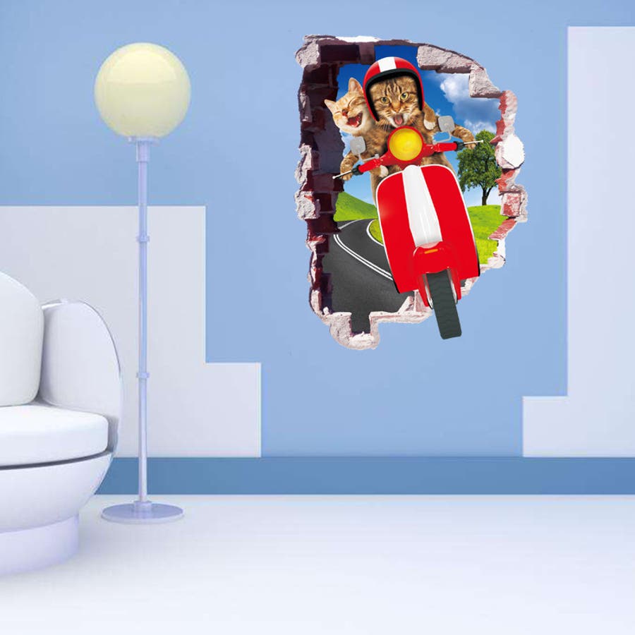 ウォールステッカー トリックアート 3d だまし絵 壁紙シール シールタイプ ネコ 猫 バイク 壁シール 可愛い かわいいユニーク面白い おもしろい 飾り付け ルームデコレーション ウォールデコレーション 貼り付け簡単 Diy 壁面装飾 壁装飾 室内 品番 Fq