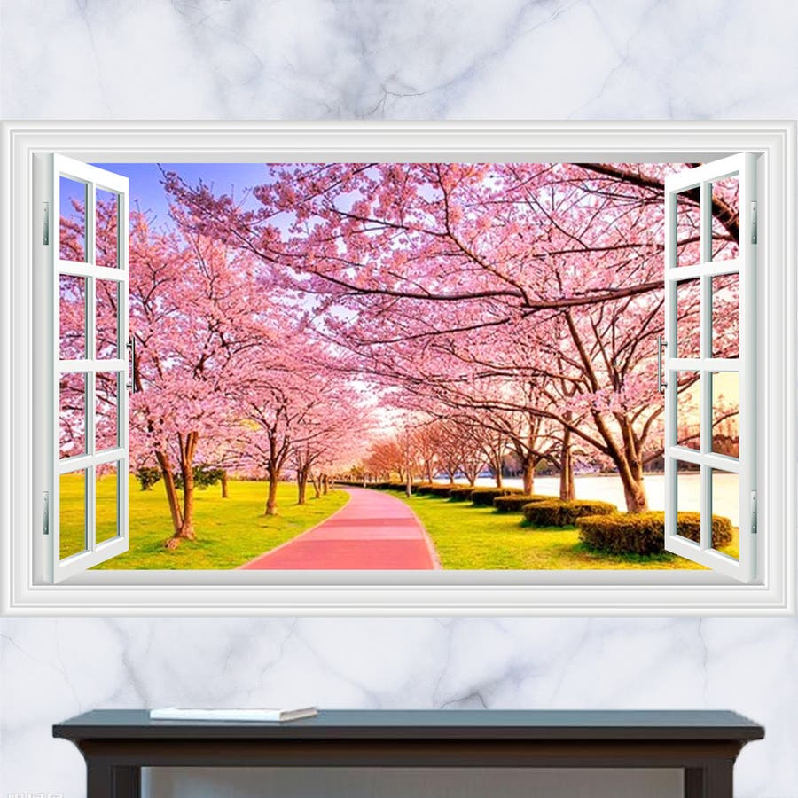 ウォールステッカー 壁紙シール シールタイプ 窓辺 窓枠 景色 風景 3d 立体的 桜並木 日本の景色 和風 花 フラワー 美麗壁シール トリックアート だまし絵 はがせる 生活防水 おしゃれ きれいめ 飾り付け ルームデコレーション ウォールデコレー 品番 Fq