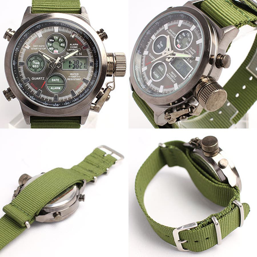 BIDEN バイデン 10気圧防水 多機能アナデジ NATOベルトのミリタリーメンズ腕時計 ガンメタ シルバー クロノグラフBD003[品番