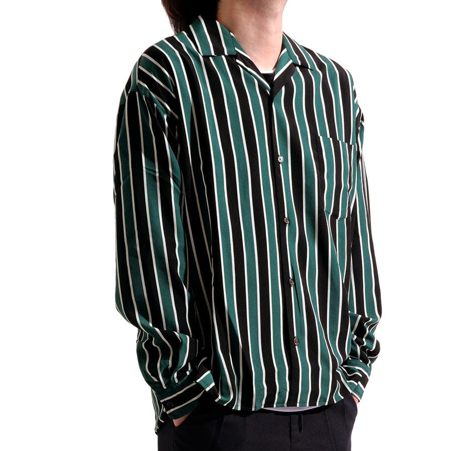 【Valletta】ストライプ柄長袖オープンカラーシャツ[c218797]ストライプ柄 開襟 開襟シャツ シンプル ビッグシャツワイドシャツ